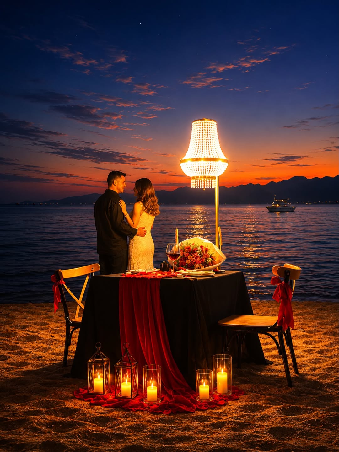 Deniz kenarında gün batımında çiftin romantik akşam yemeği